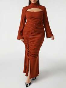 Michelle Vestido elegante de corte sirena con abertura y fruncido en el frente, para vacaciones, fiestas, cumpleaños, festivales, bodas y bailes de graduación - Rojo - Ver 1