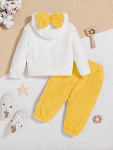 SHEIN Em bé Cô gái Giải trí Và Đáng yêu Bowknot Lông cừu Áo nỉ Và Quần Bộ , Trung bình Độ dày - Nhiều màu - Xem 2