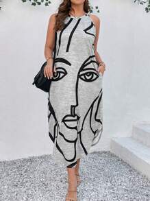 SHEIN LUNE Vestido Sin Mangas Con Estampado De Cara Y Líneas Para Mujer De Talla Grande - Gris - Ver 3