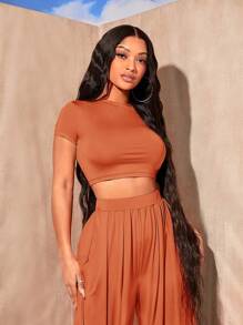 SHEIN SXY Ngắn tay Quần skinny Áo thun Và Quần ống rộng Bộ - Rỉ Nâu - Xem 5