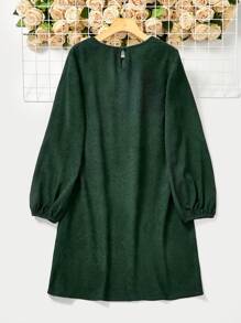 SHEIN LUNE Solid Lantern Sleeve Tunic Dress - Dark Green - View 2