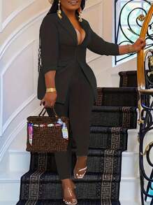 EMERY ROSE 大尺碼女式假口袋西裝外套和長褲套裝 - 黑色 - 查看 1