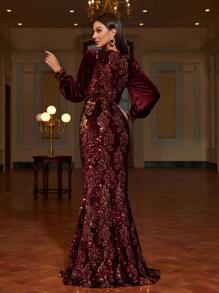Lantern Sleeves Mermaid Hem Sequin Formal Dress - Burgundy - View 2