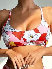 SHEIN Swim Women's Flower Patterned Bikini Set With Spaghetti Straps Summer Beach - Multicolor - View 4