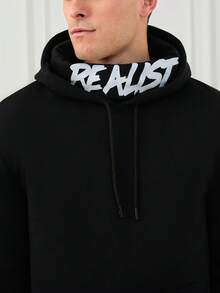 RueChic Men's Double Layer Crew Neck Simple English Text Print Hoodie - Black - View 5