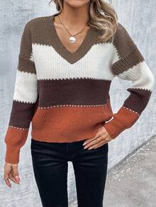 SHEIN LUNE V Neck Drop Shoulder Color Block Sweater - Multicolor - View 7