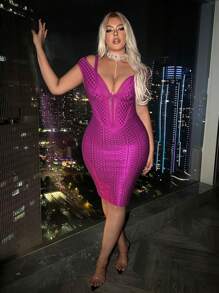 SHEIN SXY Plus 新年不对称领口网眼拼接几何印花舞会绷带连衣裙 - 玫紅色 - 查看 3