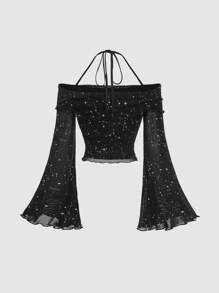 SHEIN MOD 女款閃亮掛脖喇叭袖上衣 - 黑色 - 查看 2