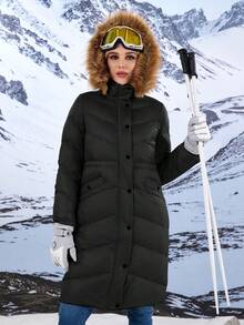 ZIAI Women's Hooded Padded Coat With Trimmed Collar - Black - View 4