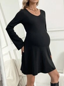 SHEIN 孕婦純色喇叭袖連衣裙 - 黑色 - 查看 5