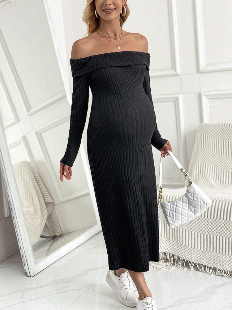 Maternity Off Shoulder Ribbed Bodycon Dress With Long Sleeves
