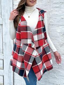 SHEIN LUNE 大尺寸格子瀑布領口連帽背心夾克
