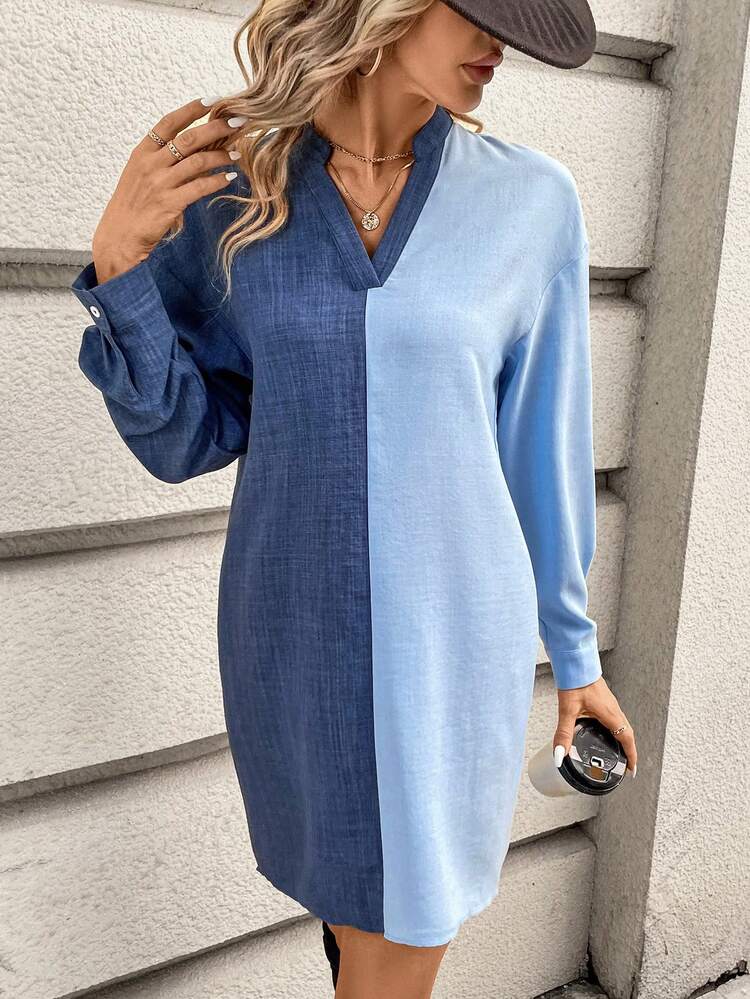 Women's Colorblock Notched Neck Straight Dress