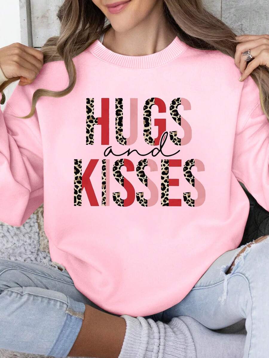 INAWLY Women's Round Neck Fleece Sweatshirt With Letter Print Pullover Fall Outfit - Pink - View 1