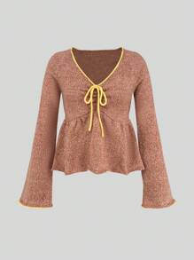 SHEIN Unity Women's Contrast Color Trim Ruffled Long Sleeve Knit Pullover Fall Winter Sweater - Pink - View 1