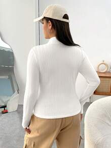 SHEIN EZwear Plus Size Women'S Knitted Ribbed Stand Collar Long-Sleeved T-Shirt - White - View 2