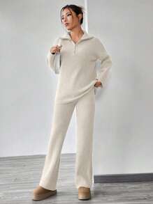 Flirla Knitted Sweater With Zipper And Knitted Pants Set With Dropped Shoulders - Apricot - View 4