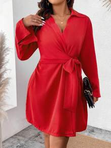 SHEIN Unity Plus Size Ruffled Sleeve Belted Dress - Red - View 6