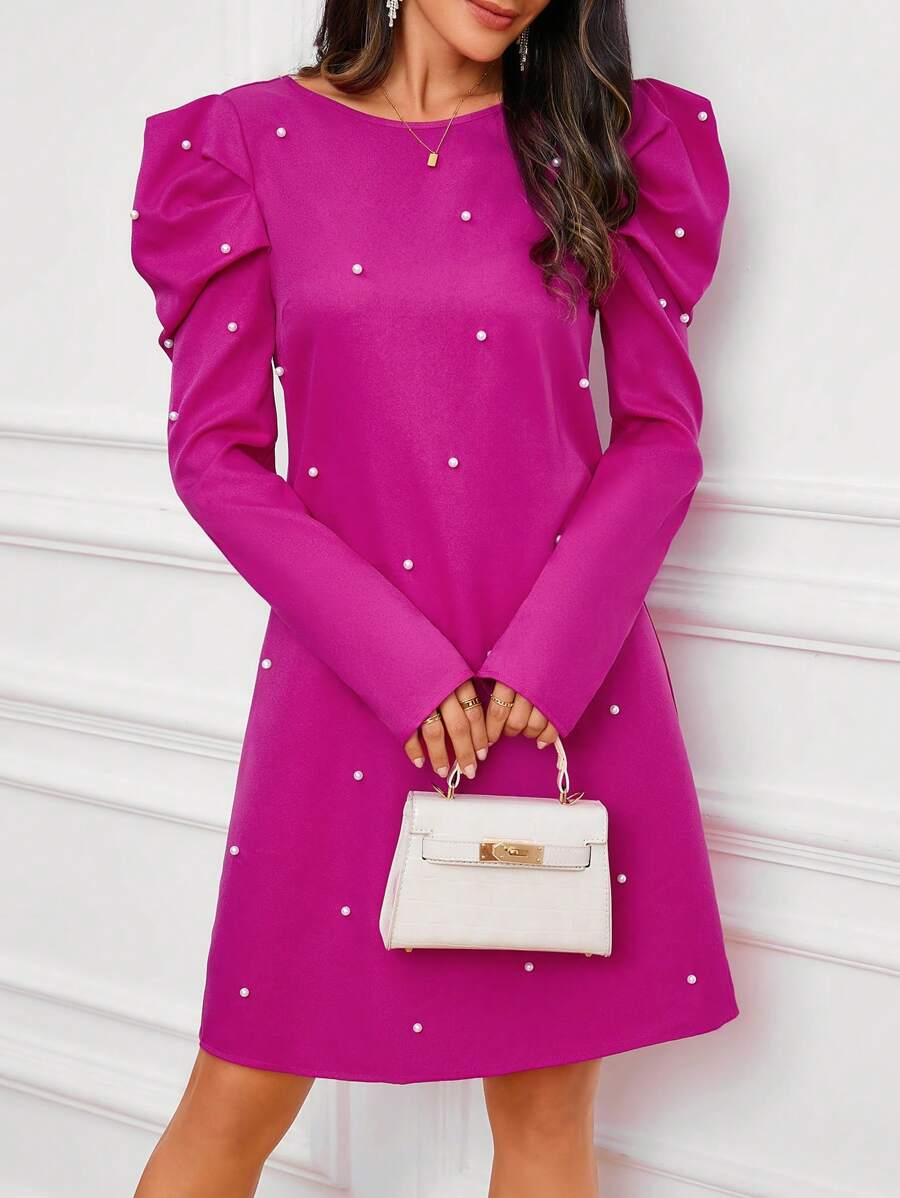 SHEIN Clasi Ngọc trai đính cườm Tay áo Đầm - Màu Hồng Tươi - Xem 1