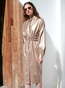 Anewsta Women's Tie Neck Fitted Waist Dress - Pink - View 7