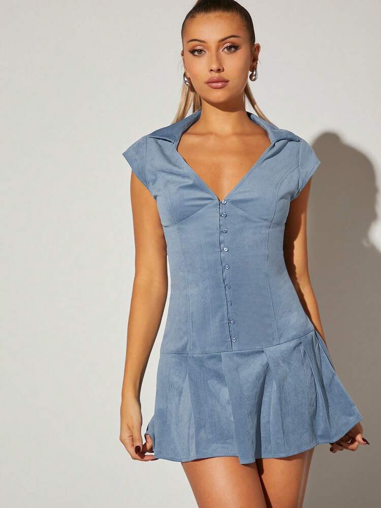 Button Front Pleated Hem Lapel Dress