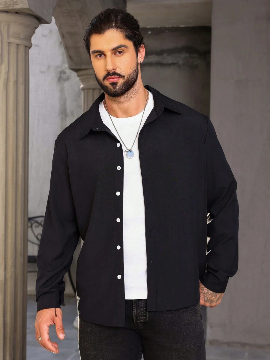 Manfinity Homme Men's Plus Size Long Sleeve Shirt - Black - View 1