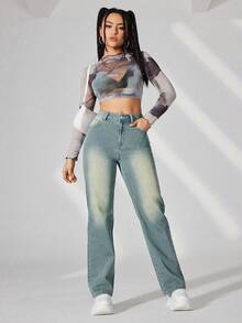 SHEIN EZwear 女士直筒牛仔褲 - 藍色 - 查看 5