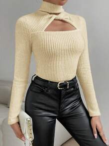 Allurite 純色立領扭紋針織鏤空t卹 - 黃色 - 查看 4