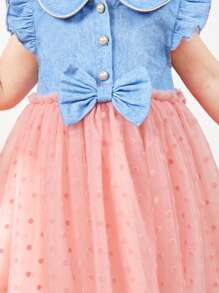 SHEIN 女婴休闲牛仔效果连衣裙，彼得潘领，波尔卡圆点网眼撞色