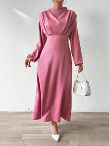 SHEIN Privé Women's Lantern Sleeve Dress With Draped Design - Dusty Pink - View 5