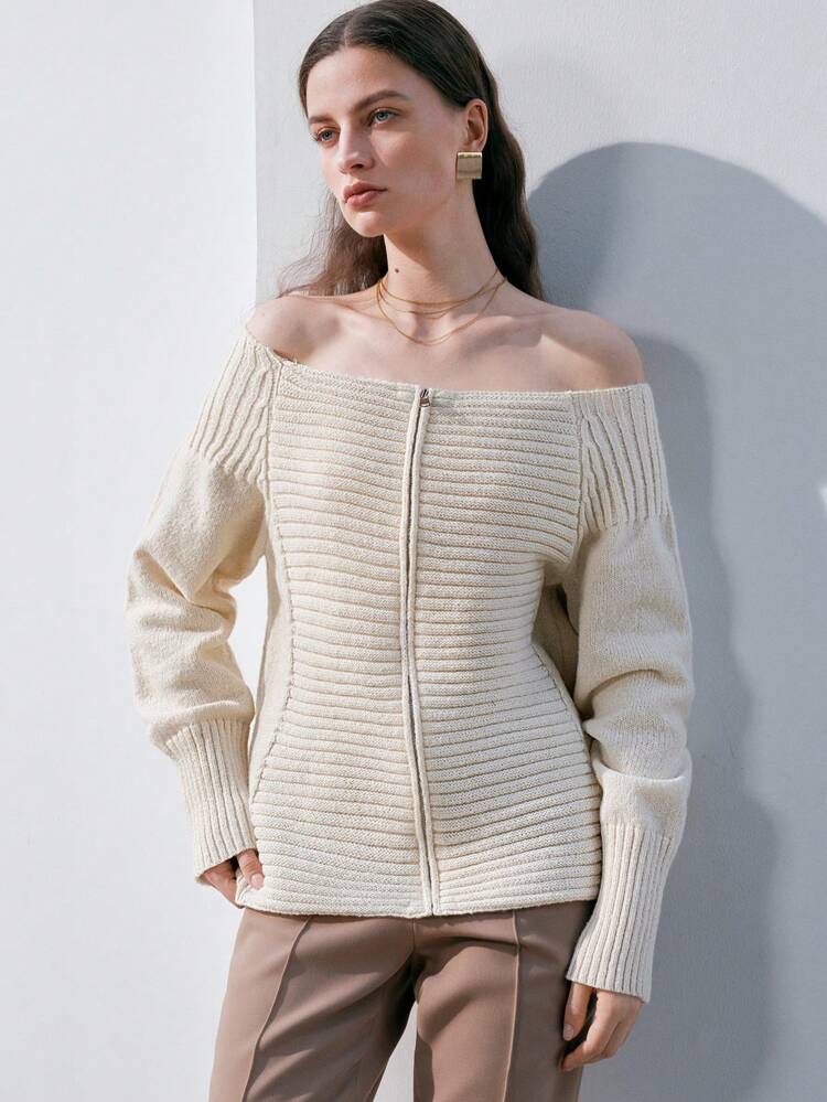 Women's Off-Shoulder Zipper Front Cardigan Sweater Fall Cloth For Women