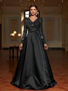 Faeriesty Gigot Sleeve Contrast Sequin Formal Dress - Black - View 4