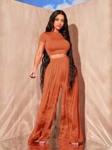 SHEIN SXY Ngắn tay Quần skinny Áo thun Và Quần ống rộng Bộ - Rỉ Nâu - Xem 4