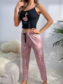 Cute Women's Multicolor Knitted Spaghetti Strap Pajama Set With Random Flamingo Print And Lettuce Trim - Multicolor - View 4