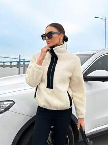 Aveloria Women's Color Block Zip Up Plush Sweatshirt Pullover Fall Outfit - White - View 7