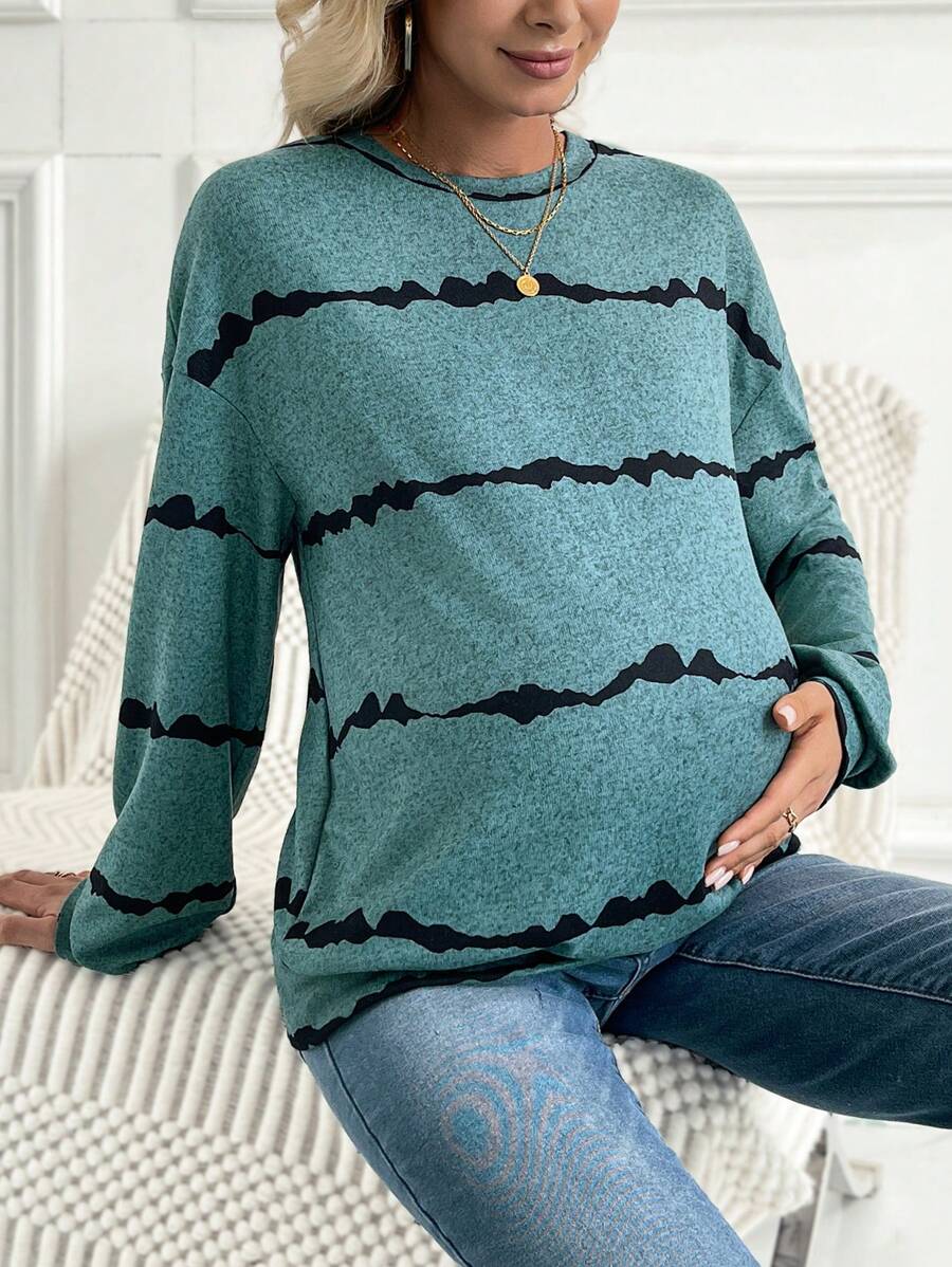 SHEIN Maternity Floral Drop Shoulder Sweatshirt, For Winter - Green - View 1