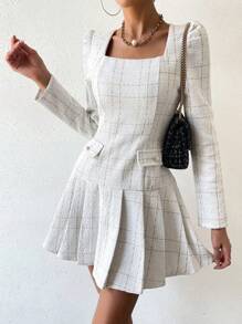 Chiquease 女士格紋方領褶皺擺裙裝 - 白色 - 查看 3