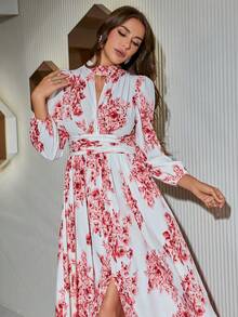 Floral Print Split Thigh Dress - Red - View 4