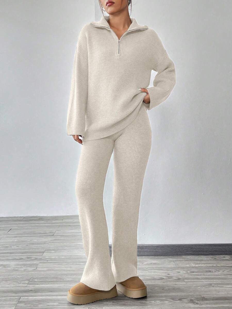 Flirla Knitted Sweater With Zipper And Knitted Pants Set With Dropped Shoulders - Apricot - View 1
