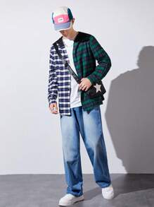 Teenage Boys' Plaid Patchwork Hooded Shirt - Multicolor - View 5