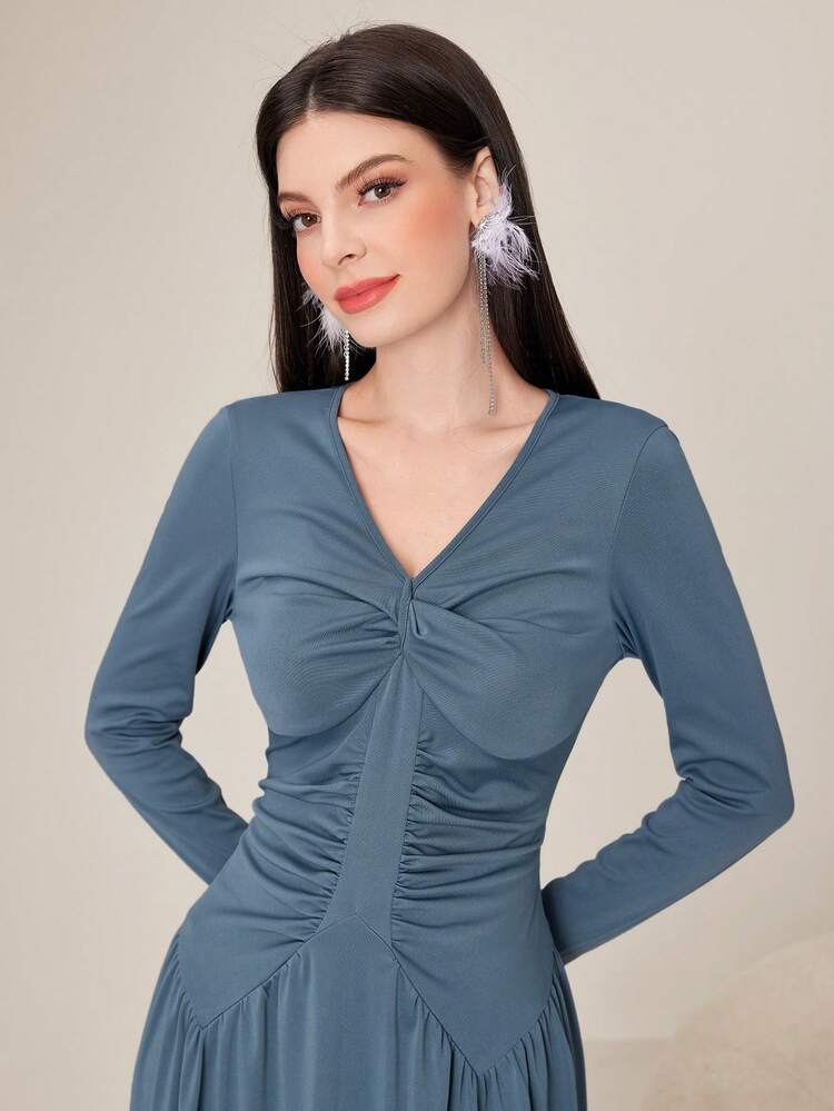 Women's Twisted Knot Pleated Long Sleeve Dress