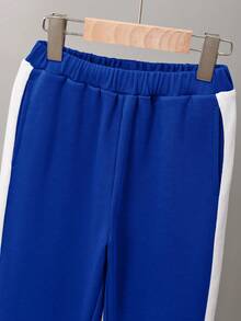 SHEIN 青少年男童連帽色塊套頭衫和運動褲套裝 - 寶藍色 - 查看 5