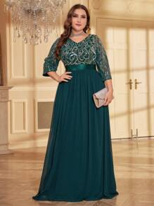 UNITHORSE 大码女式亮片拼接雪纺派对连衣裙 - 墨綠色 - 查看 6