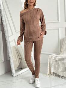 SHEIN Maternity Asymmetric Neckline Drop Shoulder Sleeve T-shirt And Adjustable Waistband Long Pants Set - Brown - View 6