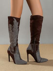 Styleloop Fashionable High Heel Boots With Rhinestones - Coffee Brown - View 2