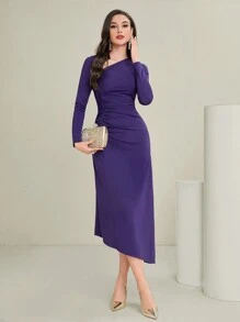 Modelyn 女士不对称领褶皱长袖连衣裙长款晚礼服 - 紫色 - 查看 1