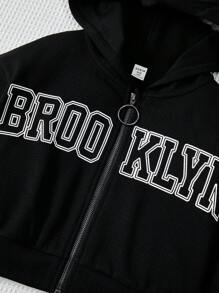 SHEIN 少女字母印花拉链前开襟卫衣，带袋鼠口袋 - 黑色 - 查看 5