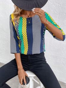 SHEIN LUNE 女款波點及條紋3/4袖衬衫 - 黃色 - 查看 1