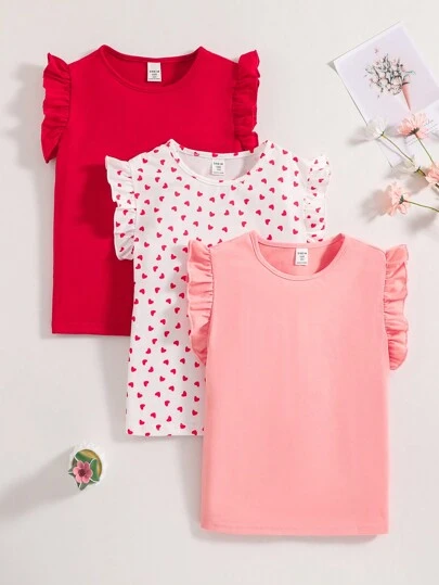 SHEIN Vintaside Kids Conjunto de 3 piezas para niña preadolescente: top de punto casual y lindo con estampado de corazones multicolor, ideal para vacaciones, verano y viajes