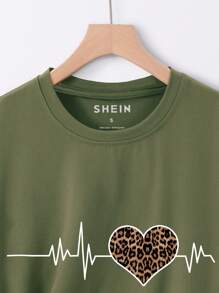 SHEIN Essnce 心跳與心形印花t恤 - 軍綠色 - 查看 3